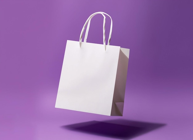 White shopping bag on purple background