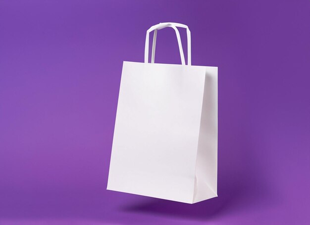 White shopping bag on purple background