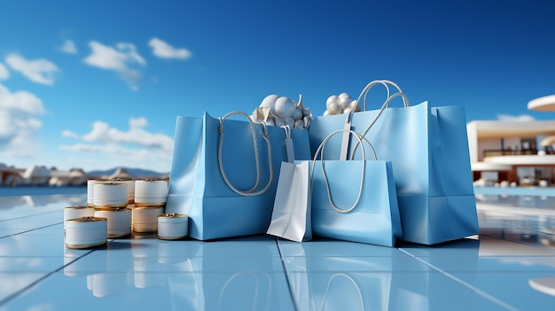 White shopping bags and gifts on blue background 3d rendering