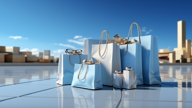 White shopping bags and gifts on blue background 3d rendering