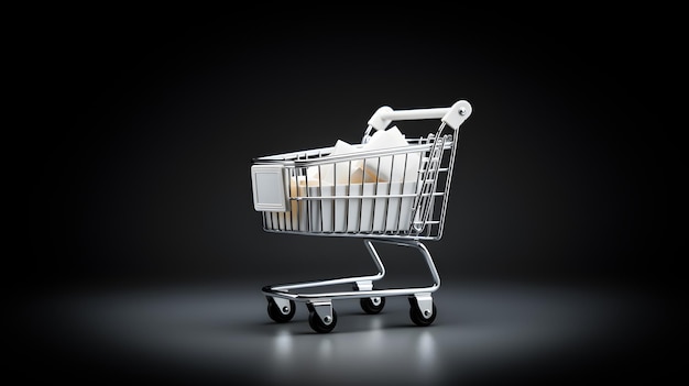 White shopping cart on a black background Concept of shopping sales black friday cyber monday or christmas Generative ai