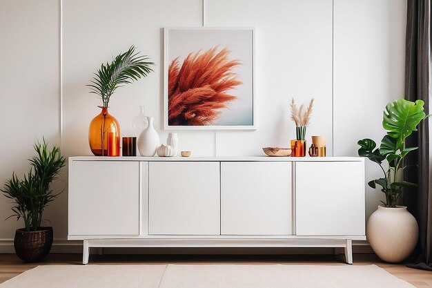 White sideboard in living room interior with copy space