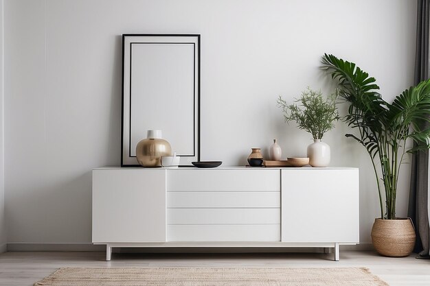 White sideboard in living room interior with copy space