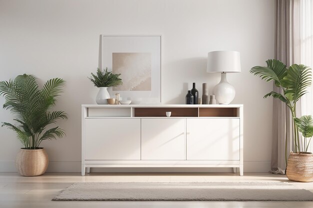 White sideboard in living room interior with copy space