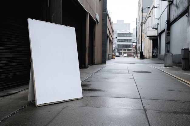 A white sign on a sidewalk in a city