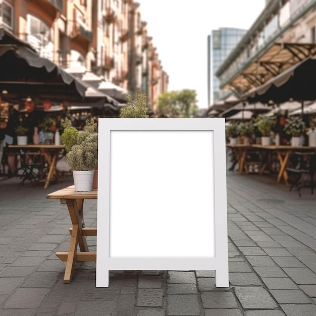 A white sign on a sidewalk in a city