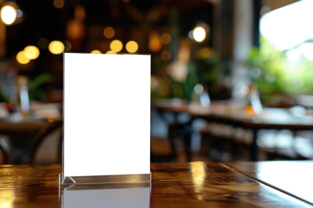 A white sign sits on a table in a restaurant The sign is empty and the table is surrounded by chairs The scene is set in a restaurant with a bright and inviting atmosphere