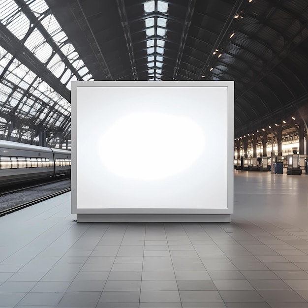 A white sign in a train station that says