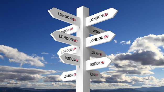 Photo white signpost with london city name on blue sky background