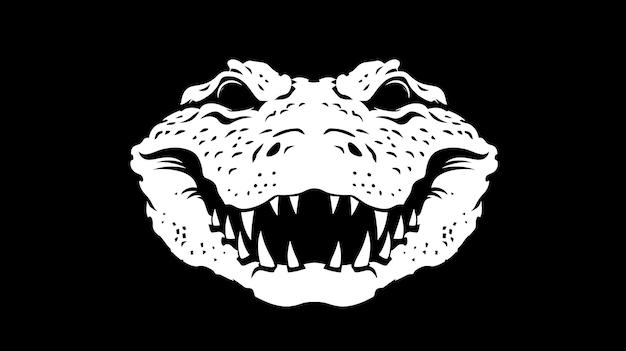 a white silhouette of an alligators head with an open mouth showcasing its sharp teeth and menacing expression