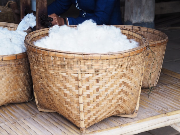 Cotone di seta bianca in cestino di bambù