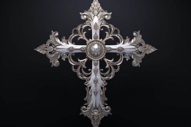 a white and silver cross with a gem
