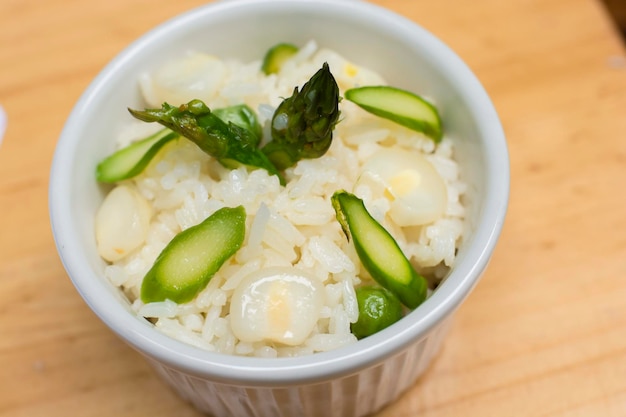 White simple plain rice on white bowl Peruvian gourmet restaurant food cuisine