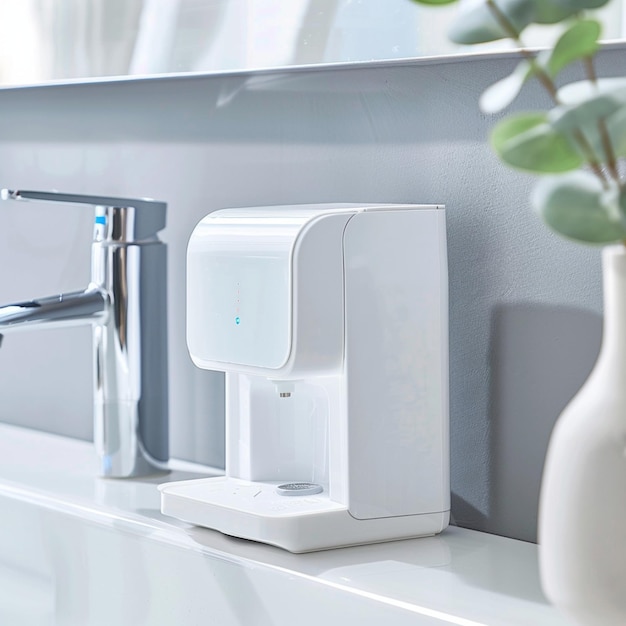 a white sink with a faucet and a plant in it