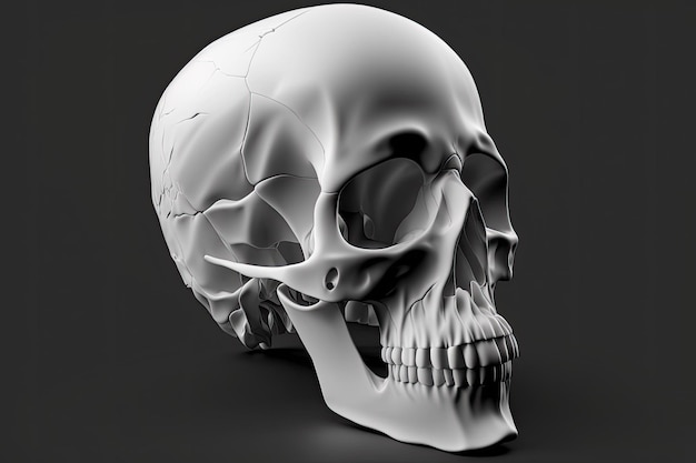 A white skull against a black background