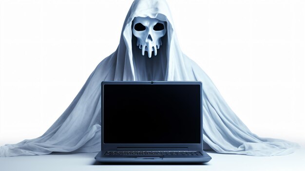 Photo a white skull is standing next to a laptop