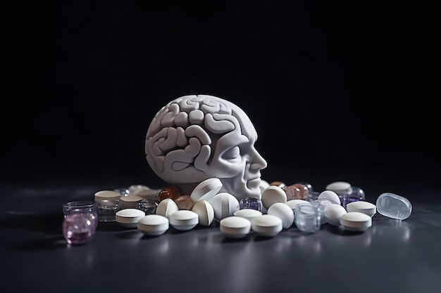 Белый череп со структурой мозга и кучей медицинских таблеток вокруг фармацевтической и медицинской проблемы