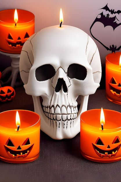 A white skull with a candle in the middle of it