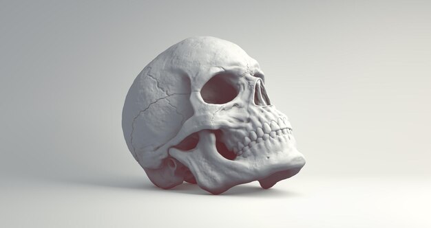 Photo white skull with dark red shadow on a grey studio background perspective view minimal concept 3d