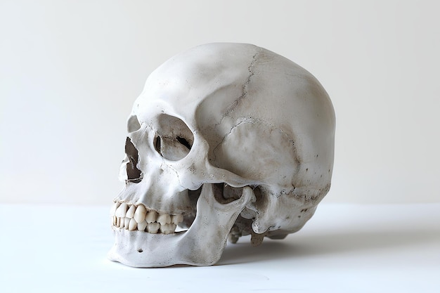 Photo a white skull with a missing jaw and teeth on a white background with a slight shadow from the left