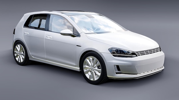 White small family car hatchback on gray background. 3d rendering.