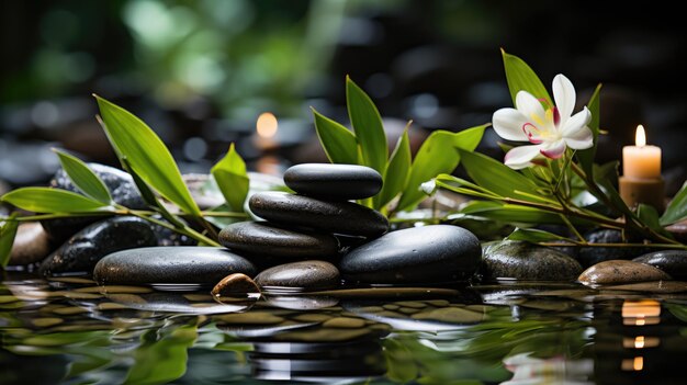 White small flowers and black stones on the water Theme of balance and meditation