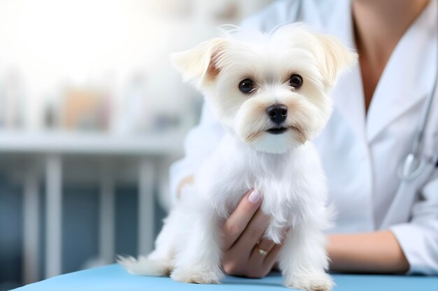 백색 작은 Maltipoo 개가 수의사에 의해 검사되는 개 정리 및 보살 AI 생성