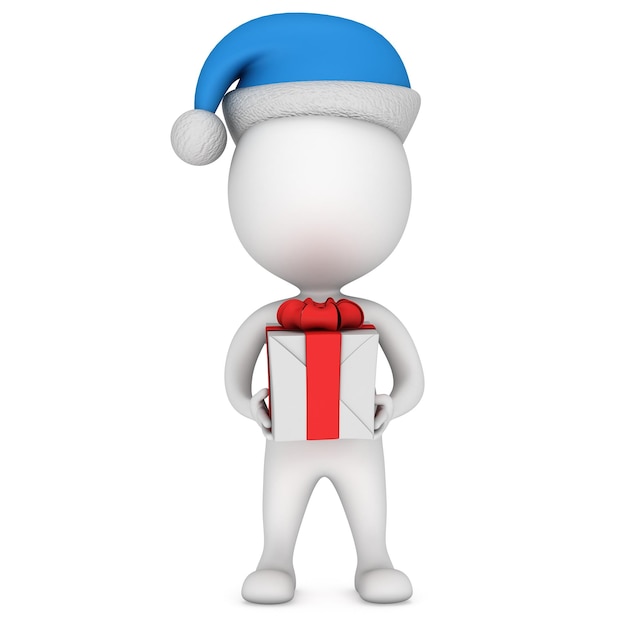 White small man in santa claus cap stand with gift