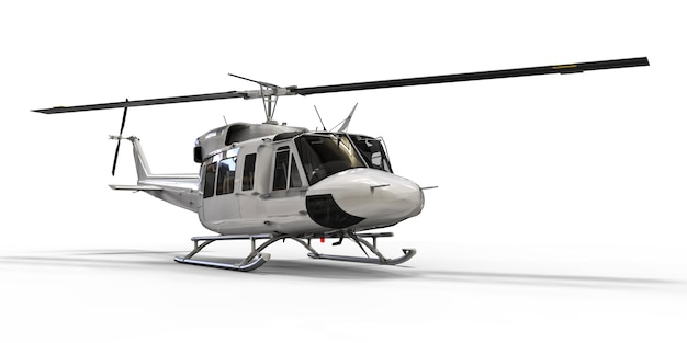 White small military transport helicopter on white isolated background. The helicopter rescue service. Air taxi. Helicopter for police, fire, ambulance and rescue service. 3d illustration.