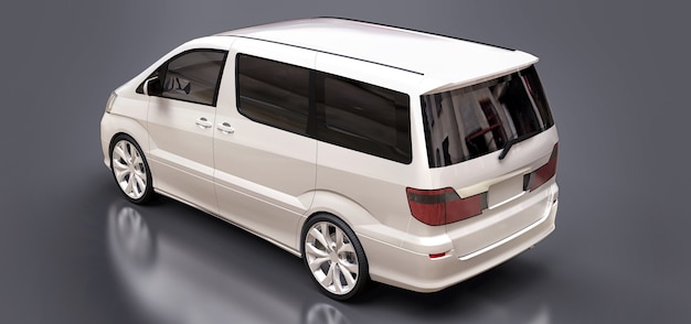 White small minivan for transportation of people. Three-dimensional illustration on a glossy gray background. 3d rendering.