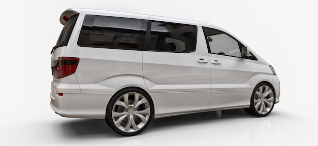 White small minivan for transportation of people. Three-dimensional illustration on a glossy white background