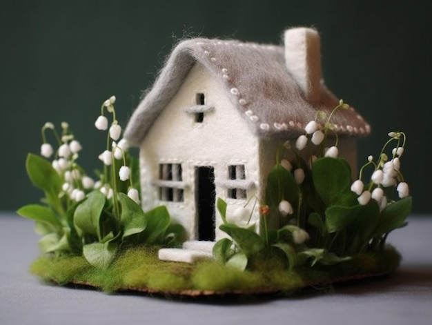 Белый небольшой деревянный домик с серой дверью, украшением из весенних цветов Генеративный AI