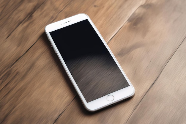 white smart phone on a wooden floor with copy space