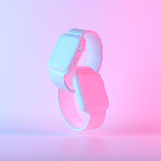 White Smart Watch with colorful ultraviolet holographic neon lights 3d render