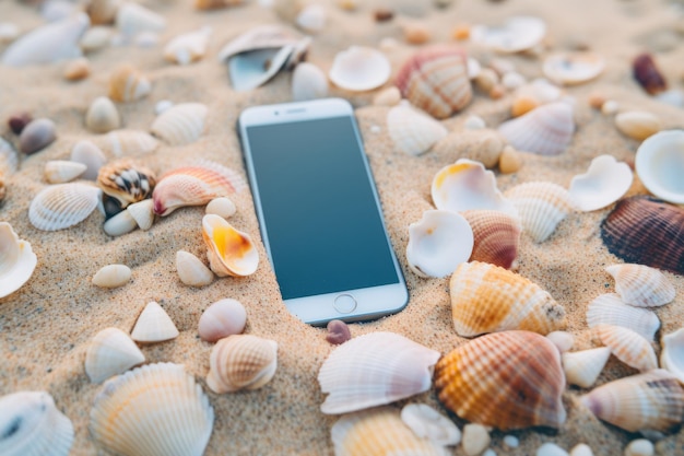 写真 砂浜の上に横たわる白いスマートフォン紛失した携帯電話携帯電話現代のガジェット熱帯の晴れた白
