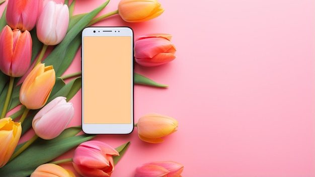 White smartphone with a blank screen on a pink background