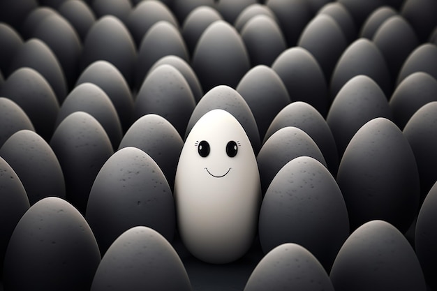 Белое улыбчатое яйцо среди обычных серых яиц Концепция индивидуальности
