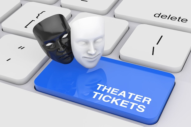 White Smiling Comedy and Black Sad Drama Grotesque Theatre Mask and Theater Tickets Sign over Blue Key on White PC Keyboard extreme closeup. 3d Rendering