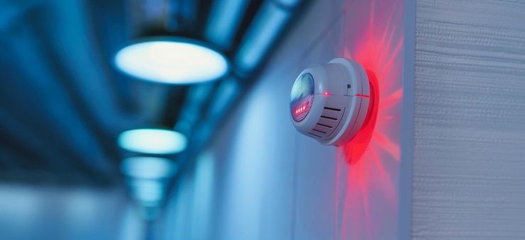 Photo white smoke detector with red flashing light in a room with ceiling lights