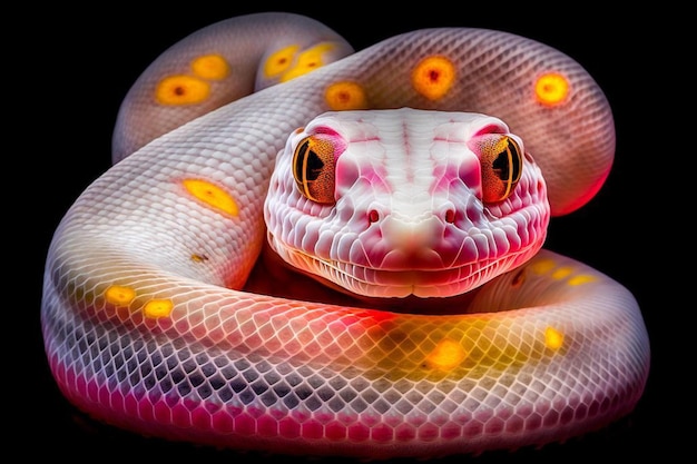 분홍색과 주황색 눈을 가진 흰색 뱀이 검정색 배경 앞에 앉아 있습니다.