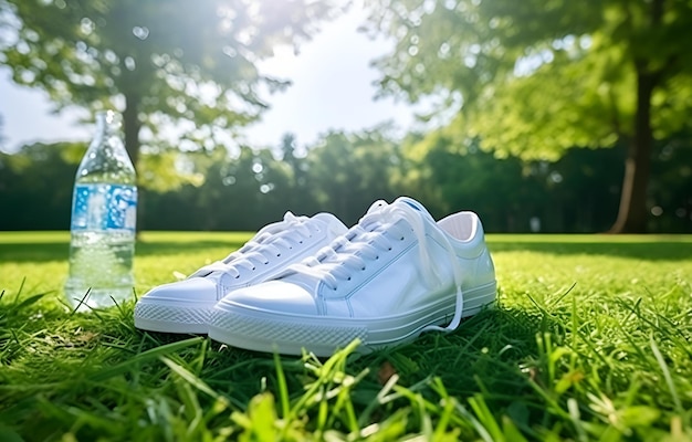 белые кроссовки и бутылка воды на поле зеленой травы для дизайна спортивной фитнес-карты