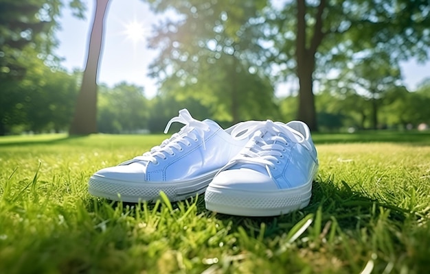 белые кроссовки и бутылка воды на поле зеленой травы для дизайна спортивной фитнес-карты