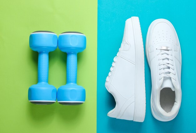 White sneakers, plastic dumbbells on a two-color table. Sport concept. Top view