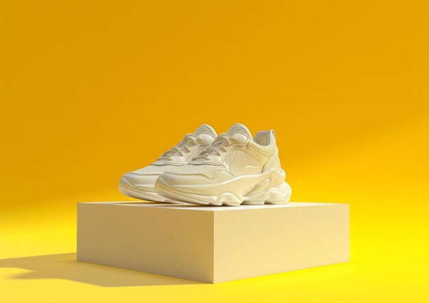 Photo white sneakers shoes on white podium stage display with yellow background