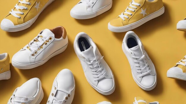 White sneakers on yellow background seamless pattern