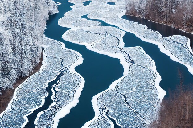 Белые заснеженные берега воздушной реки Исландии среди холодных сопок