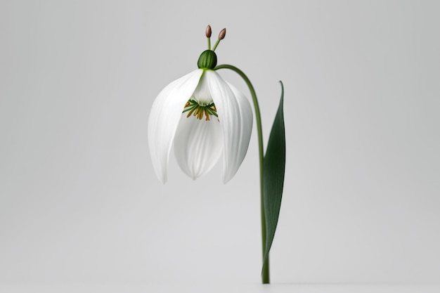 A white snowdrop with green leaves and a green stem
