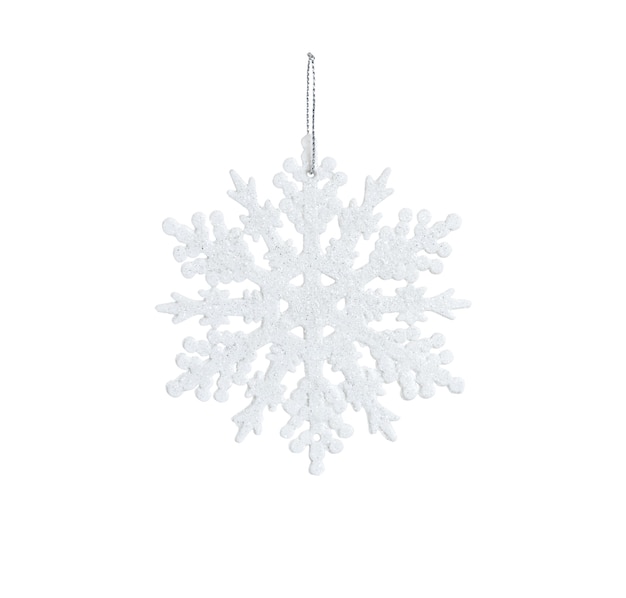 White snowflake toy with sparkles and rope isolated on white background.