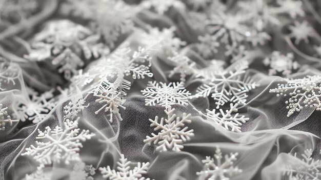 Foto fiocchi di neve bianchi su un tessuto di tulle grigio i fiocchi di nevi sono fatti di plastica e hanno un effetto 3d il tessuto di tulle ha una consistenza morbida e delicata