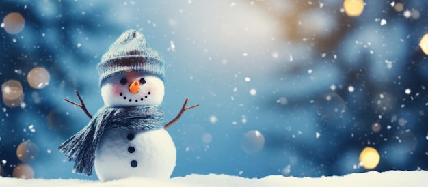 Белый снежный человек с рождественским украшением на размытом зимнем фоне, сгенерированный ИИ